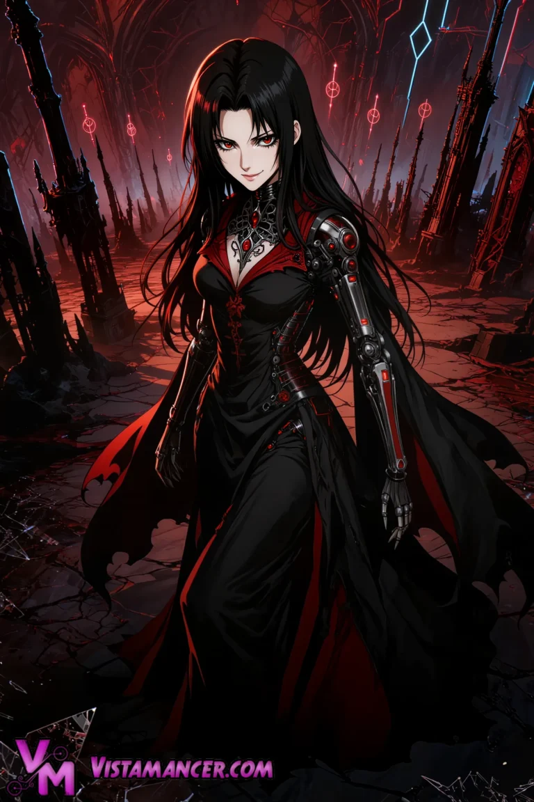 Cyborg Vampire Queen Reigns Over Ruined Sanctuary - Vistamancer AI Art