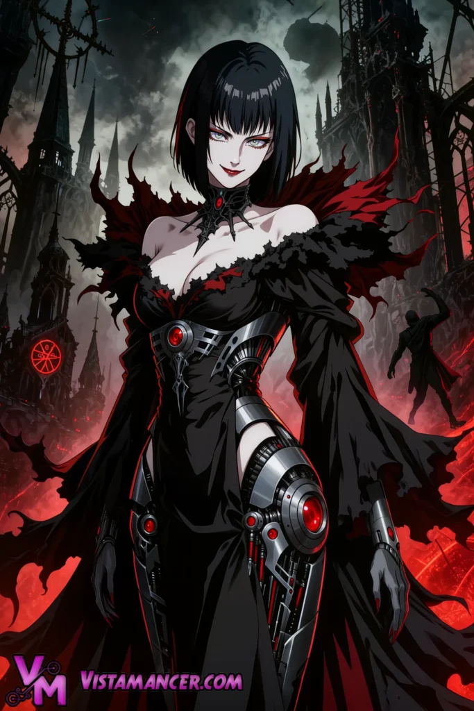 Cyborg Vampire Sovereign Rises from Bloodlit Ruins - Vistamancer AI Art