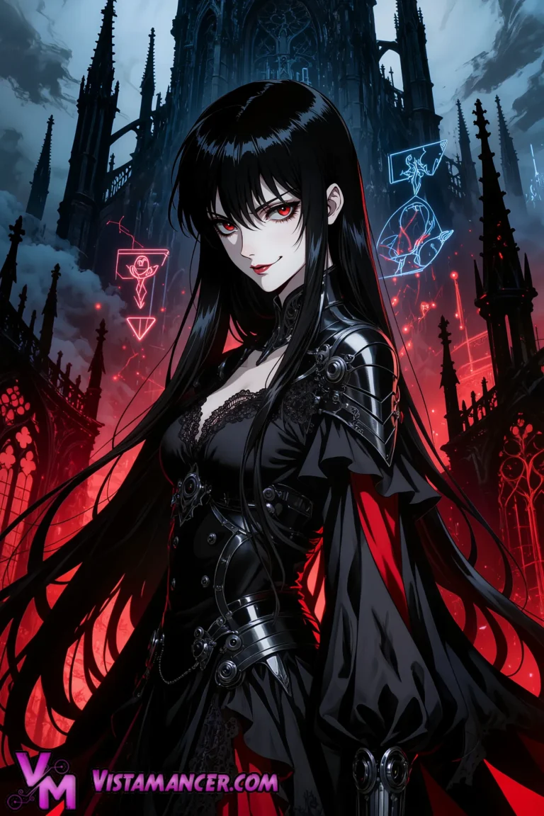 Crimson-Eyed Sorceress Commands the Neon Gothic Spires - Vistamancer AI Art