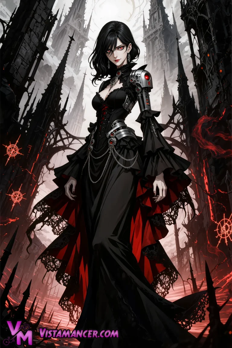Cyborg Duchess Awakens in Crimson Gothic Fortress - Vistamancer AI Art
