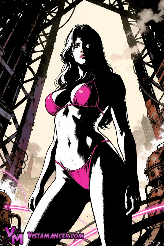 Pink Fury Amidst Neon Ruins - Vistamancer AI Art