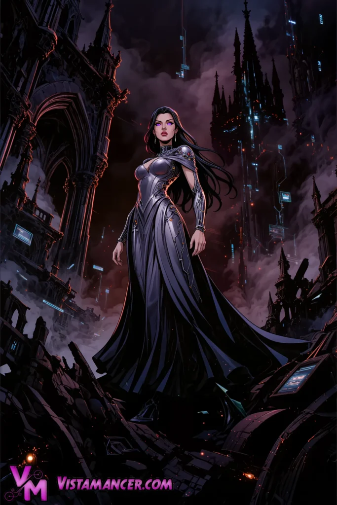 Cyborg Vampire Overlord Claims the Burning Cathedral - Vistamancer AI Art