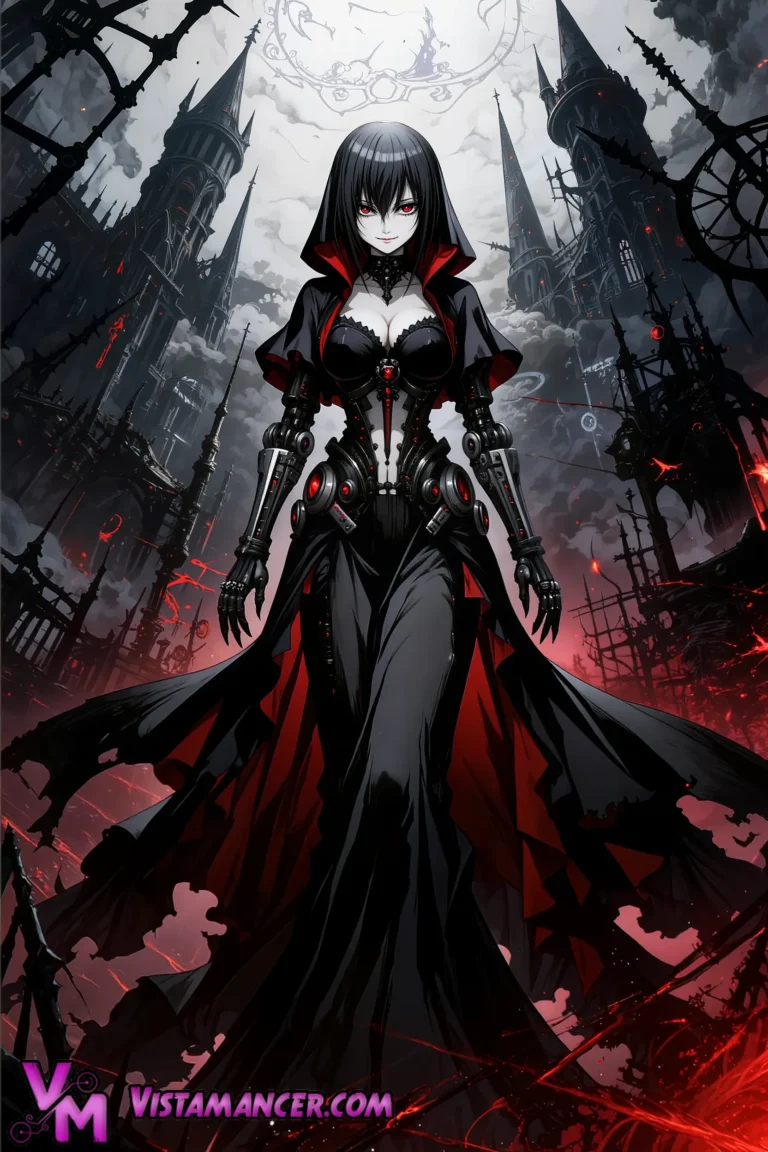 Cyborg Vampire Queen Reigns Over Infernal Gothic Citadel - Vistamancer AI Art