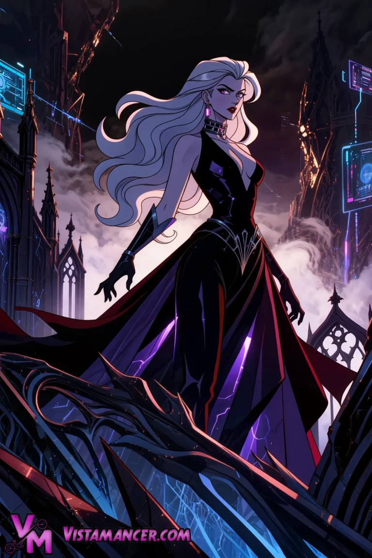 Silver-Haired Cyberpunk Sorceress Dominates Neon Gothic Spires - Vistamancer AI Art