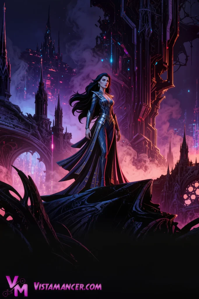 Neon Empress Oversees Her Cyber-Gothic Dominion - Vistamancer AI Art