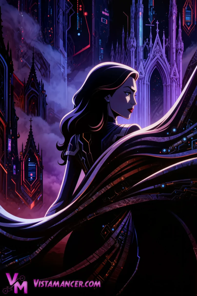 Shadow Queen Gazes Upon Her Eternal Cyber-Gothic Realm - Vistamancer AI Art