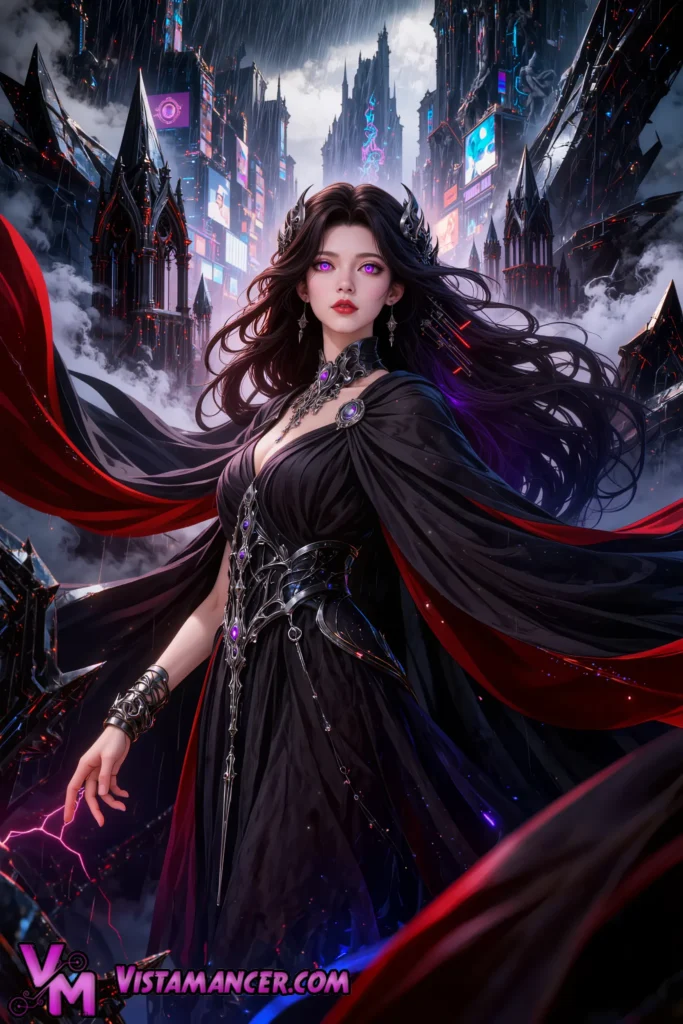 Enigmatic Demon Queen Commands the Neon Storm Citadel - Vistamancer AI Art