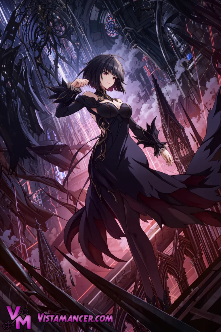 Crimson Veil of the Neon Sorceress - Vistamancer AI Art