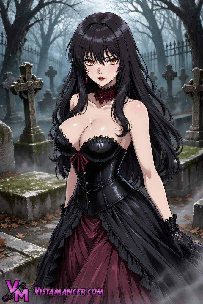 Seductive Crimson Vampire Emerges from Foggy Eternal Night - Vistamancer AI Art