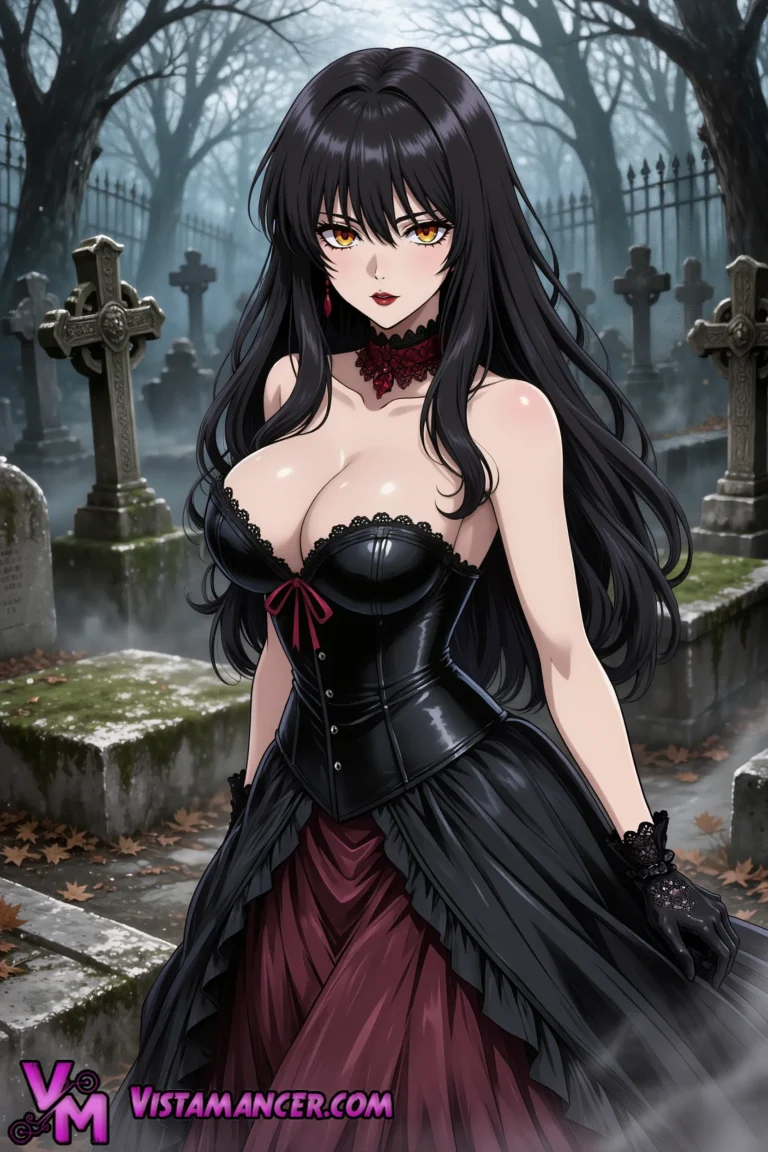 Seductive Crimson Vampire Emerges from Foggy Eternal Night - Vistamancer AI Art