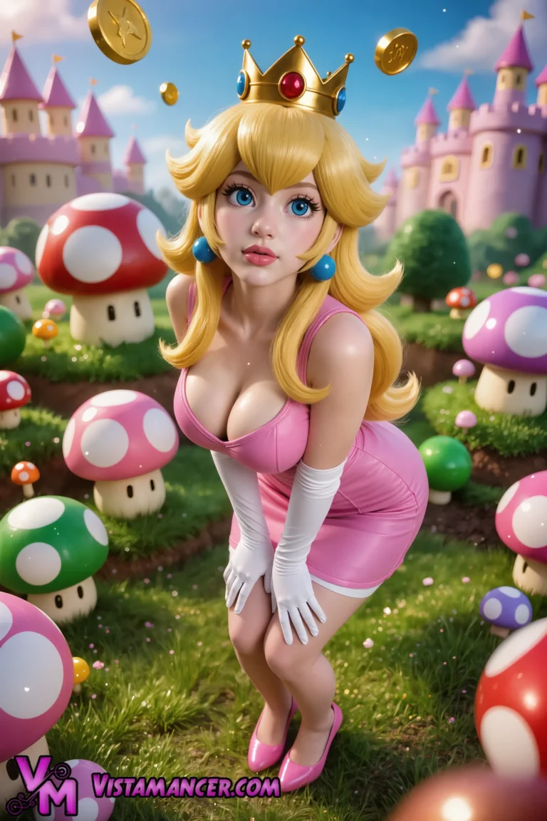Seductive Princess Peach Awaits in Mushroom Paradise - Vistamancer AI Art