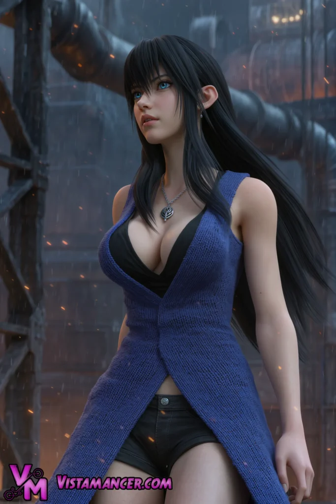 Mysterious Rain-Soaked Rinoa Emerges in Industrial Twilight - Vistamancer AI Art