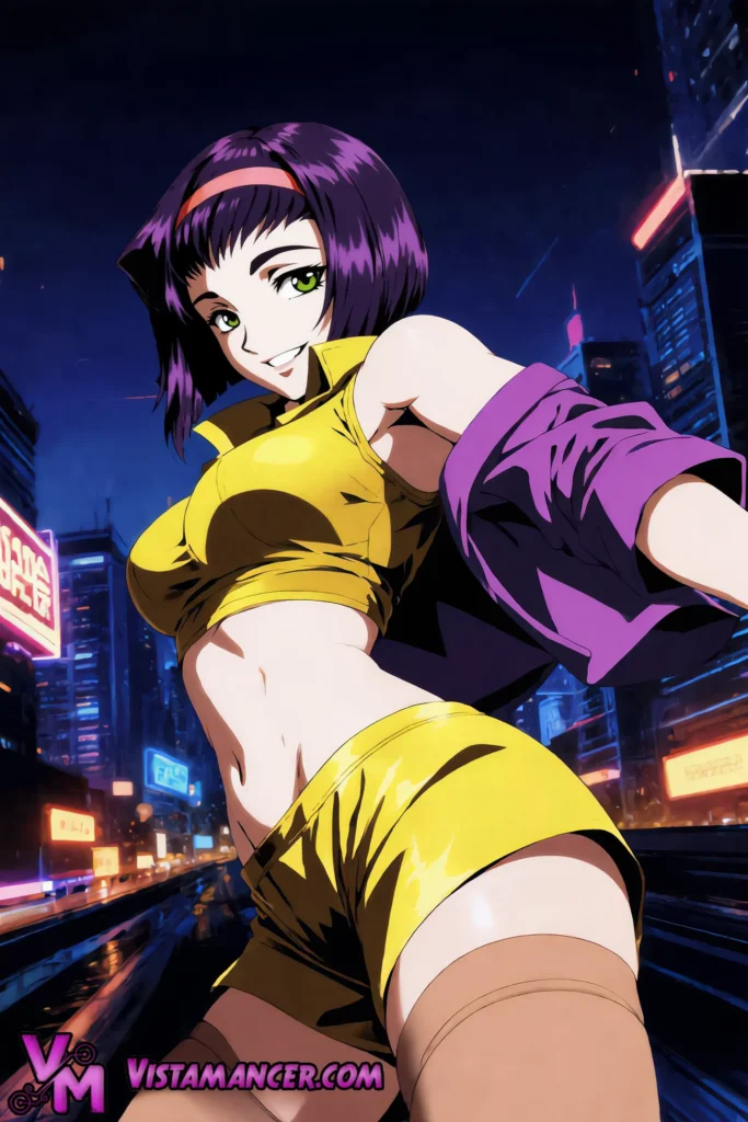 Faye Valentine Dominates the Neon Night with Dangerous Confidence - Vistamancer AI Art