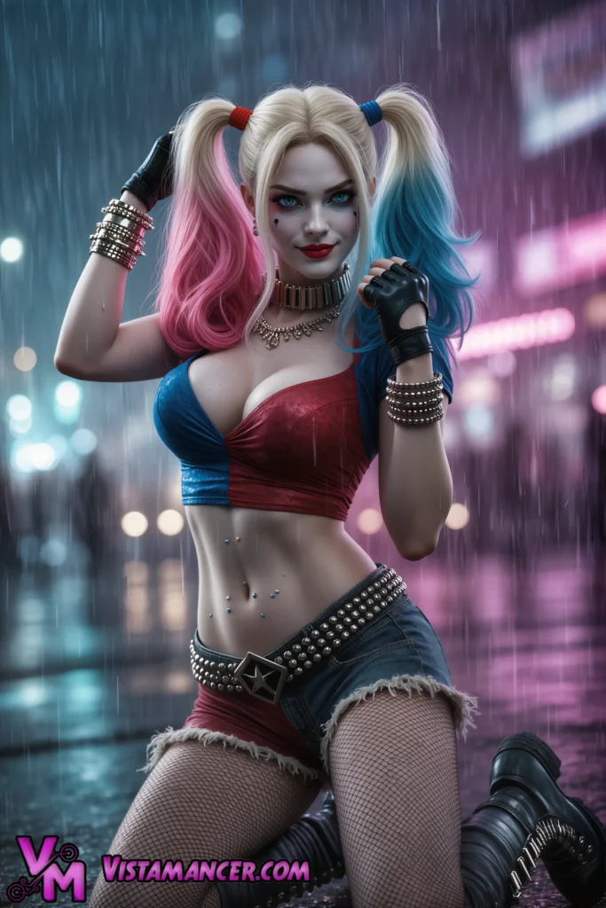 Rain-Soaked Harley Quinn Unleashes Chaos in the Neon Storm - Vistamancer AI Art