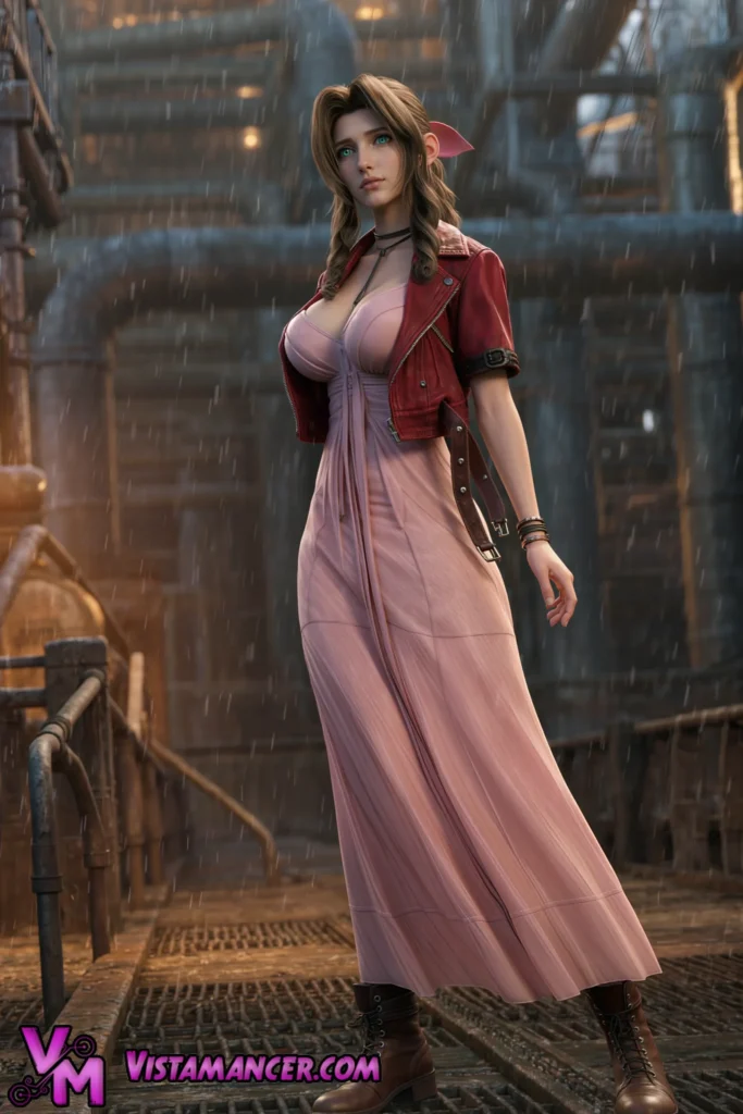 Rain-Soaked Aerith Captivates Amid Midgar's Industrial Fury - Vistamancer AI Art