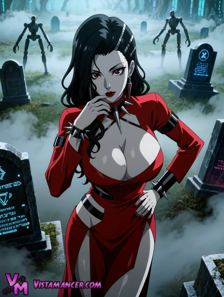 Seductive Necromancer Emerges from the Misty Graveyard - Vistamancer AI Art