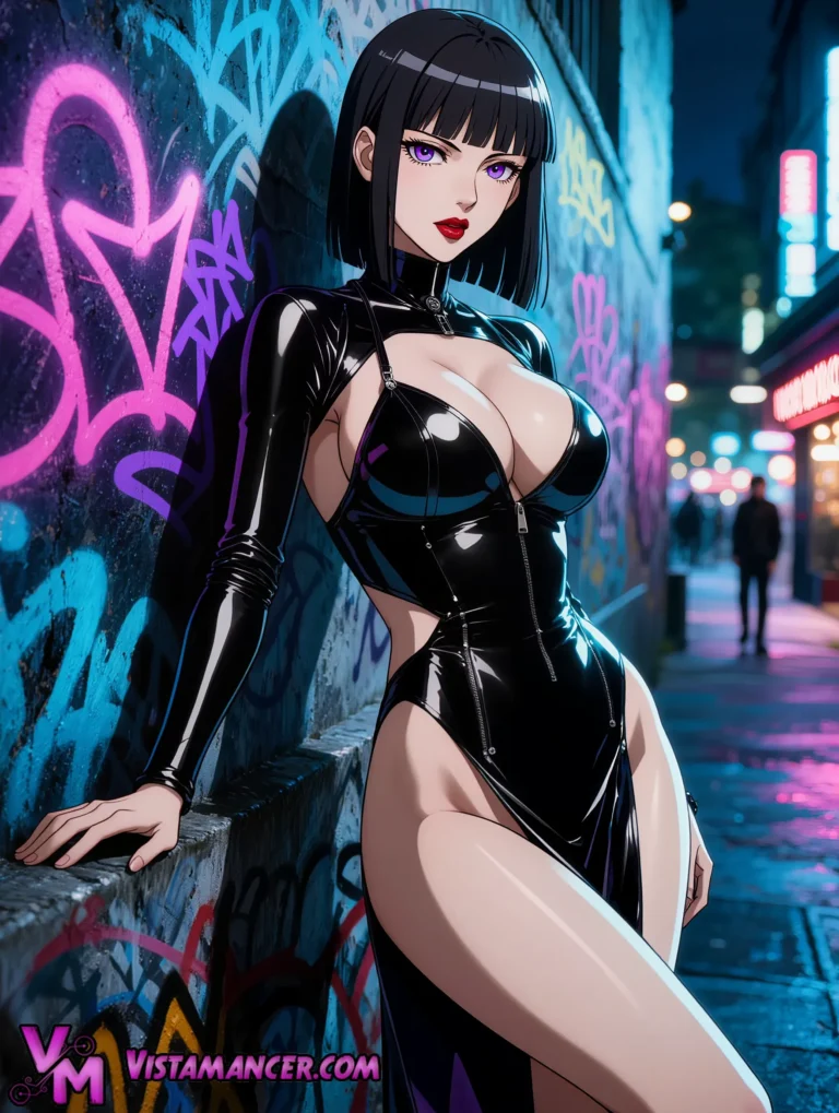 Neon-Lit Latex Siren Owns the Urban Night - Vistamancer AI Art