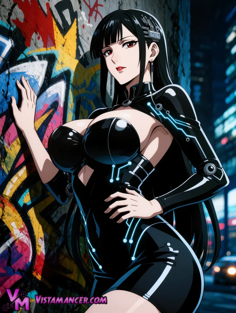 Cybernetic Seductress Emerges from Neon Chaos - Vistamancer AI Art
