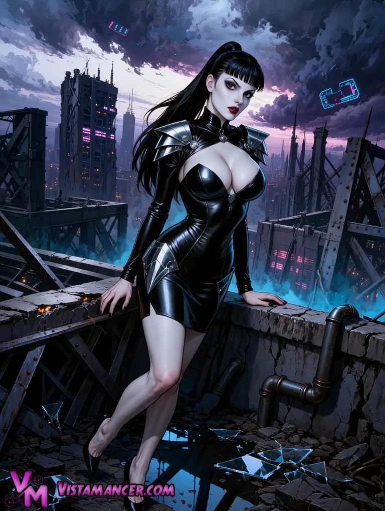 Apocalyptic Cyber Queen Commands the Shattered Skyline - Vistamancer AI Art