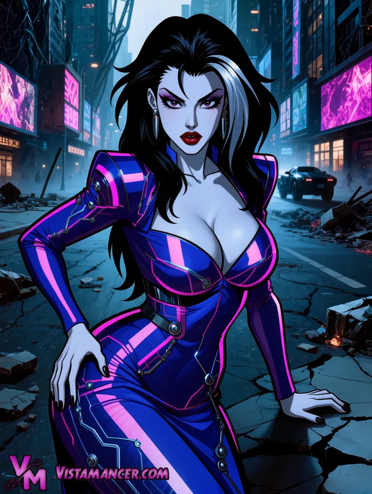 Neon Cyber Queen Emerges from the Fractured Metropolis - Vistamancer AI Art