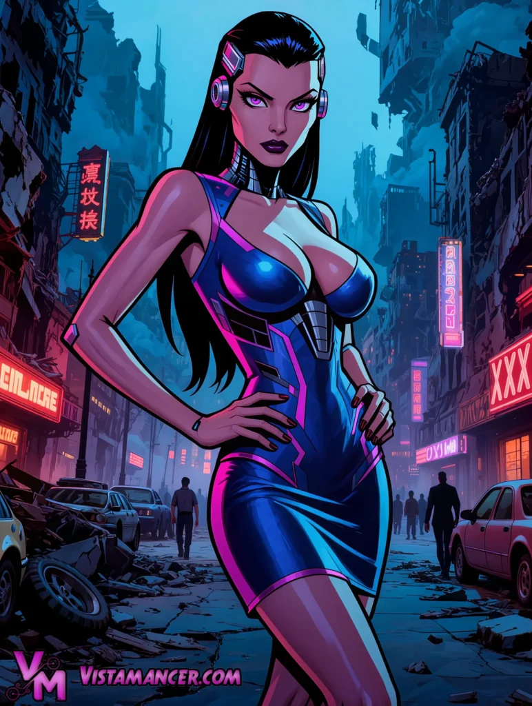 Neon Cyber Vixen Commands the Ruined Megacity - Vistamancer AI Art