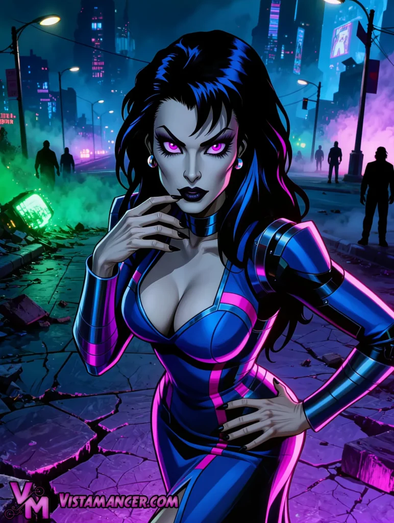 Stunning Neon Seductress Emerges in the Cyberpunk Wasteland - Vistamancer AI Art