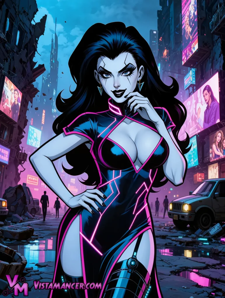 Fierce Neon Rebel Rules the Ruined Megacity - Vistamancer AI Art