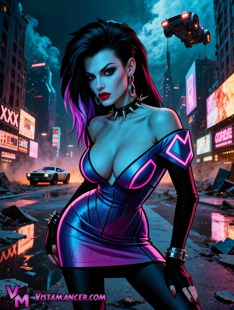 Sultry Spiked Cyberpunk Siren Rules the Ruined Neon City - Vistamancer AI Art