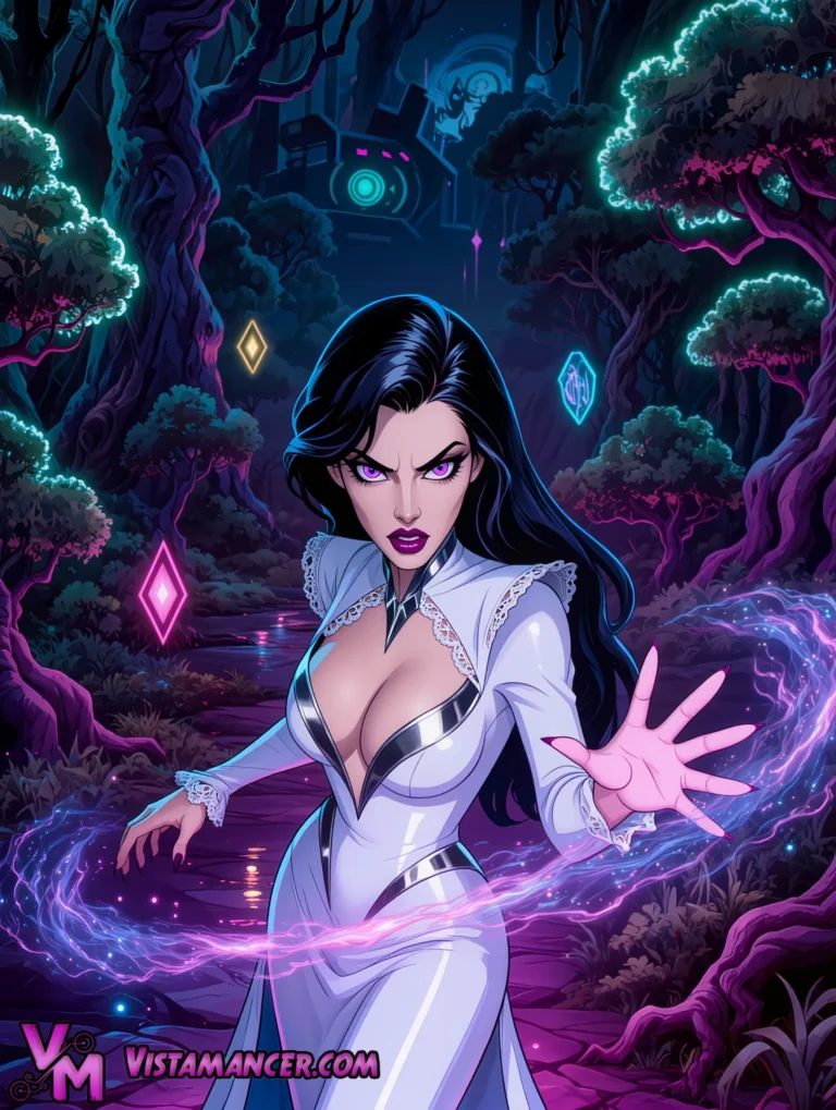 Purple Eyed Sorceress Unleashes Swirling Neon Magic in the Enchanted Forest - Vistamancer AI Art