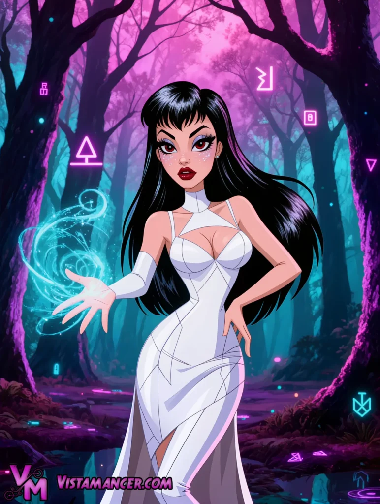 Red Eyed Neon Sorceress Unleashes Swirling Cyan Magic in the Enchanted Forest - Vistamancer AI Art