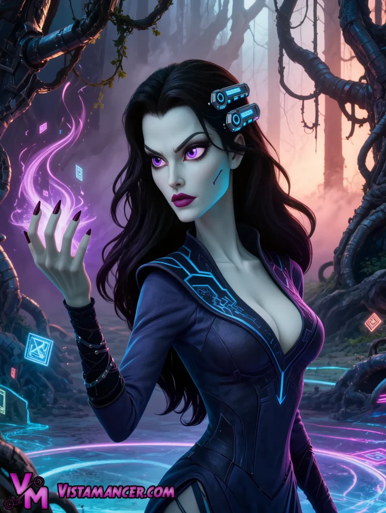 Purple Eyed Cyber Sorceress Commands Swirling Plasma Energy in the Techno Forest - Vistamancer AI Art