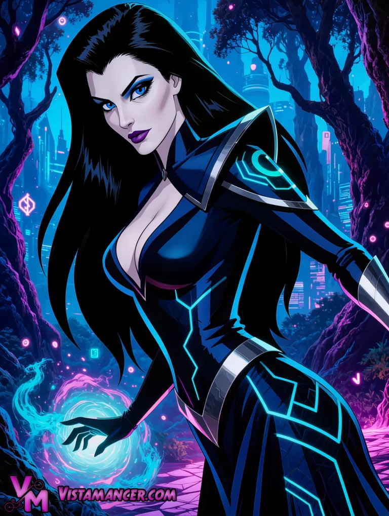 Blue Eyed Cyber Sorceress Summons Swirling Neon Vortex in the Enchanted Forest - Vistamancer AI Art