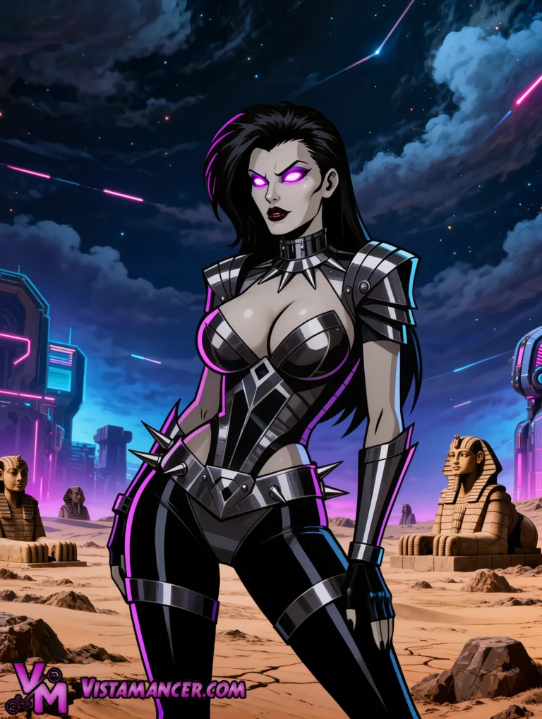 Glowing Purple Eyed Cyber Warrior Dominates the Neon Egyptian Desert - Vistamancer AI Art