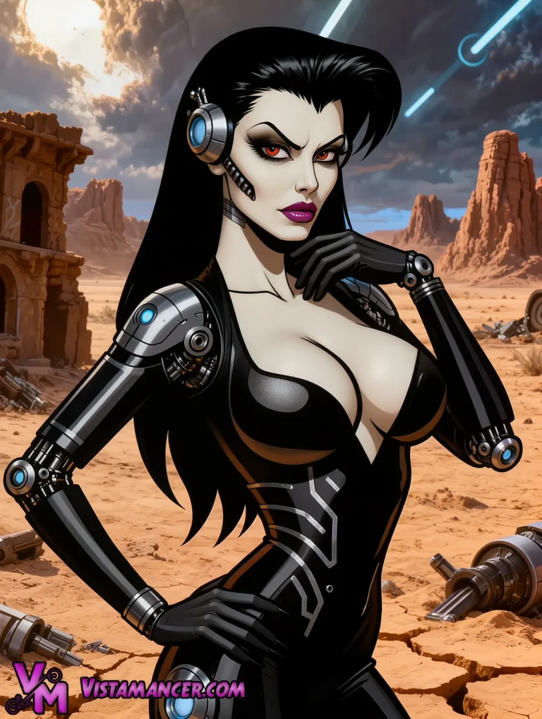 Glowing Red Eyed Cyborg Seductress Rules the Cracked Desert Wasteland - Vistamancer AI Art