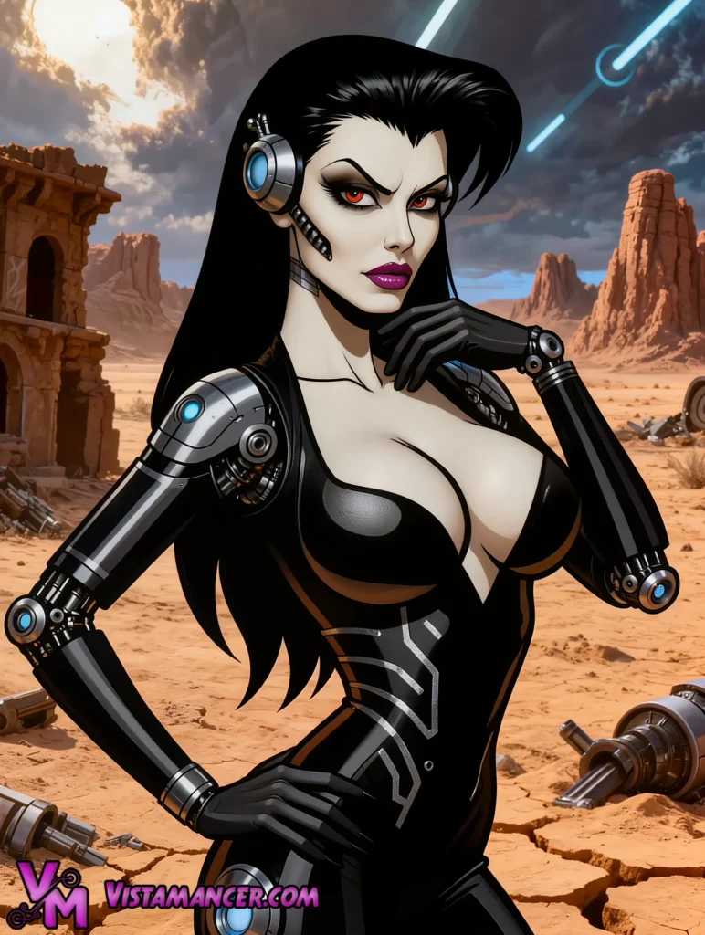 Glowing Red Eyed Cyborg Seductress Rules the Cracked Desert Wasteland - Vistamancer AI Art