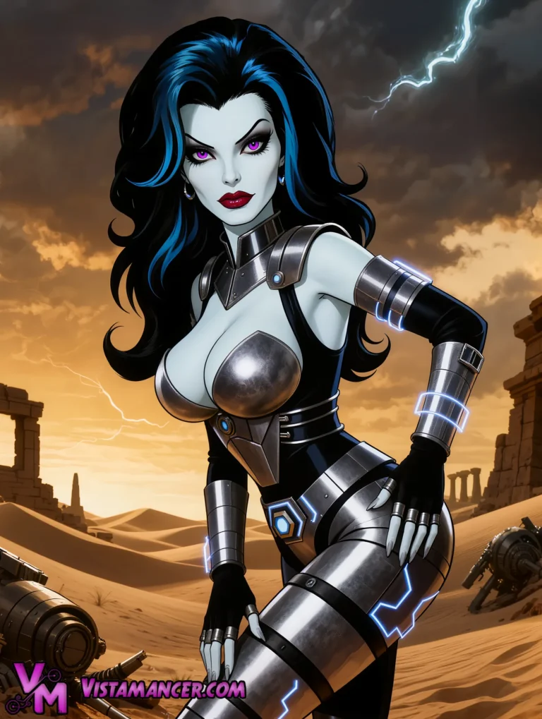 Glowing Purple Eyed Cyber Valkyrie Dominates the Lightning Desert Wasteland - Vistamancer AI Art