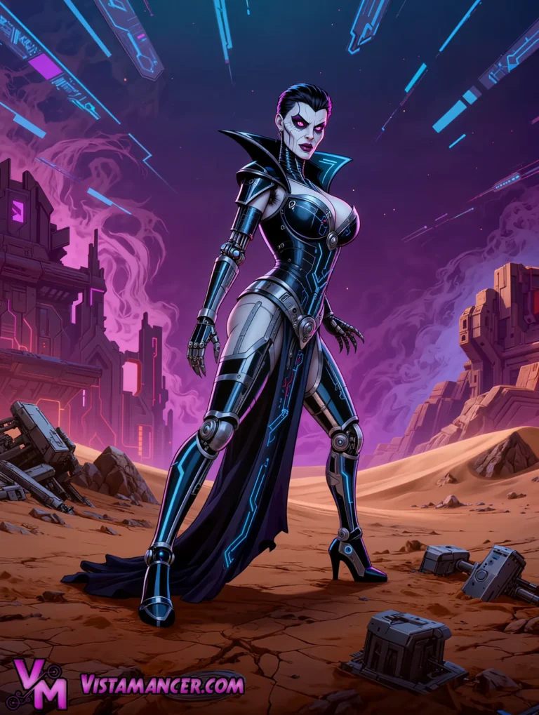 Glowing Pink Eyed Cybernetic Empress Dominates the Neon Desert Wasteland - Vistamancer AI Art