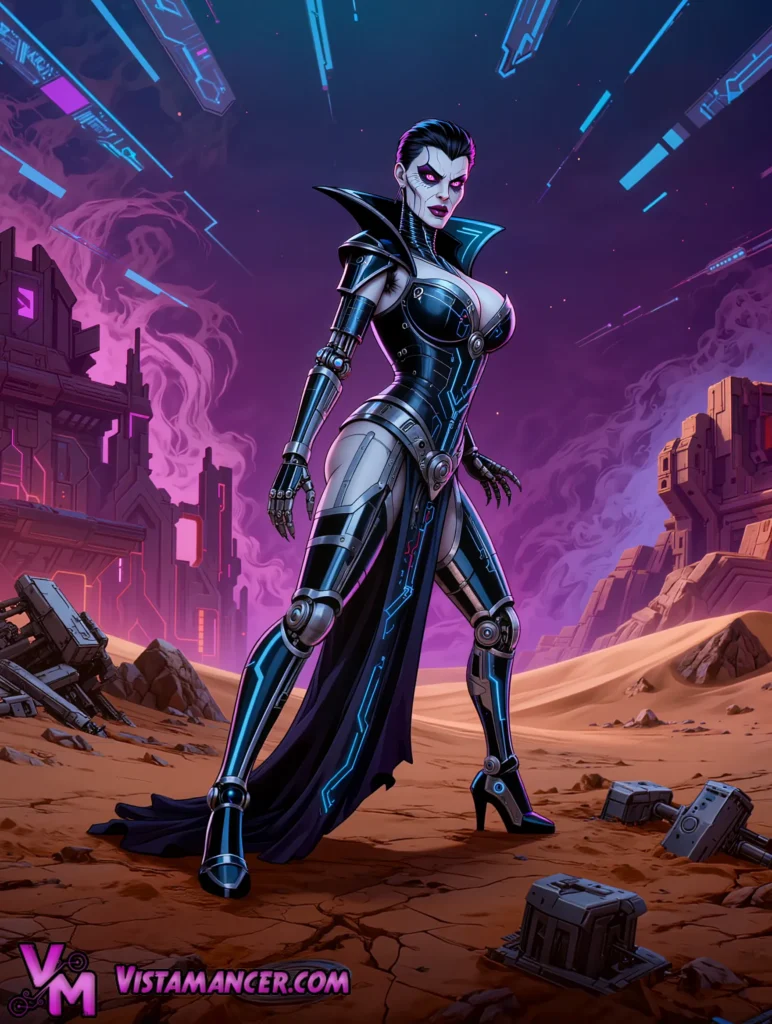 Glowing Pink Eyed Cybernetic Empress Dominates the Neon Desert Wasteland - Vistamancer AI Art