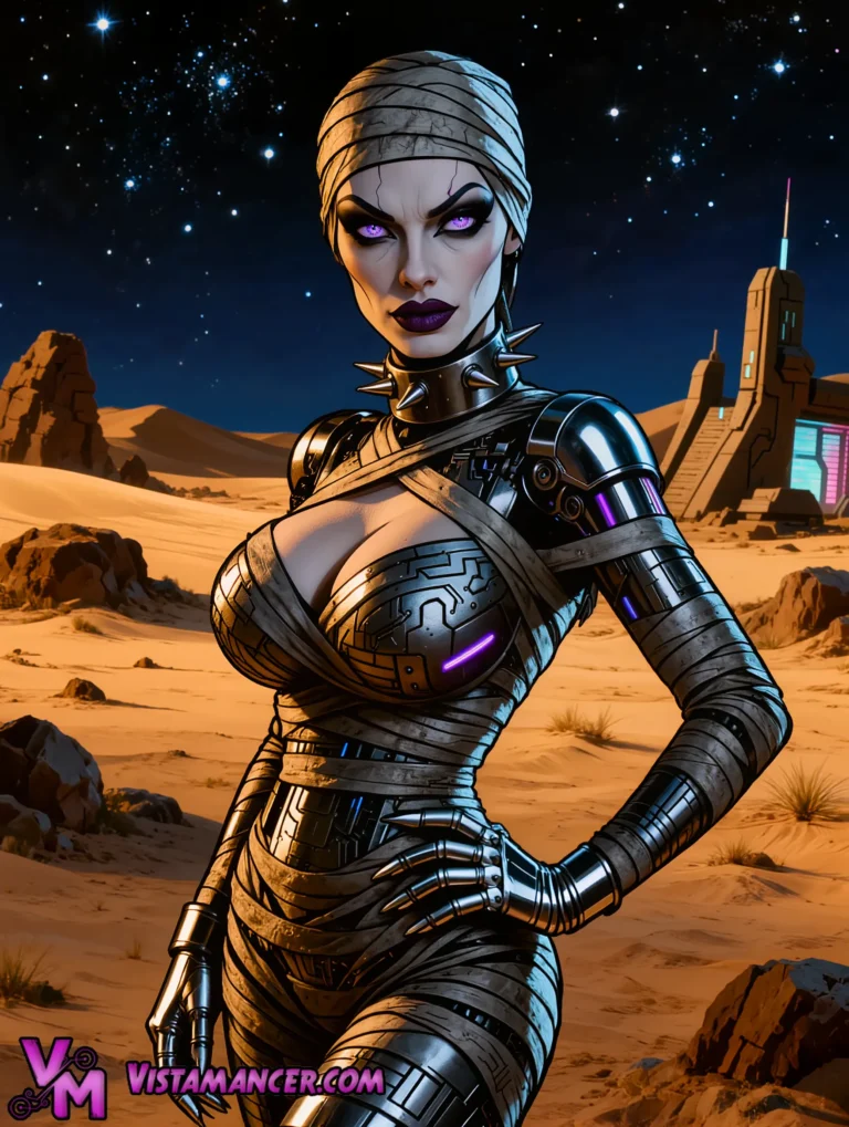 Mummified Cyber Queen Awakens Under the Eternal Starry Desert Sky - Vistamancer AI Art