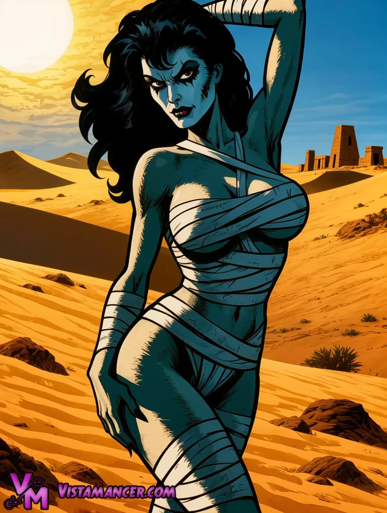 Cursed Blue Mummy Seductress Dominates the Golden Desert Sun - Vistamancer AI Art