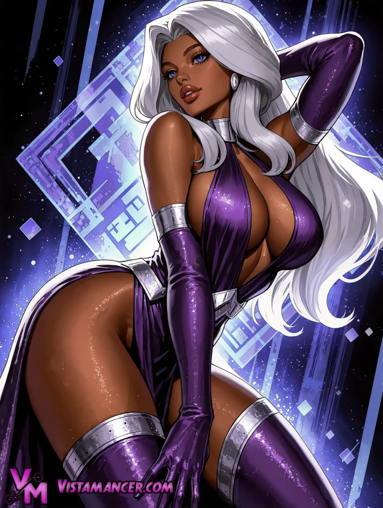 Storm Commands Attention in a Sensual Purple Metallic Suit - Vistamancer AI Art