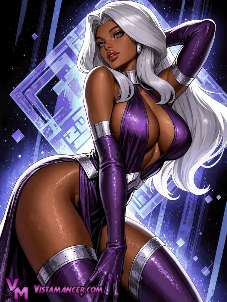 Storm Commands Attention in a Sensual Purple Metallic Suit - Vistamancer AI Art