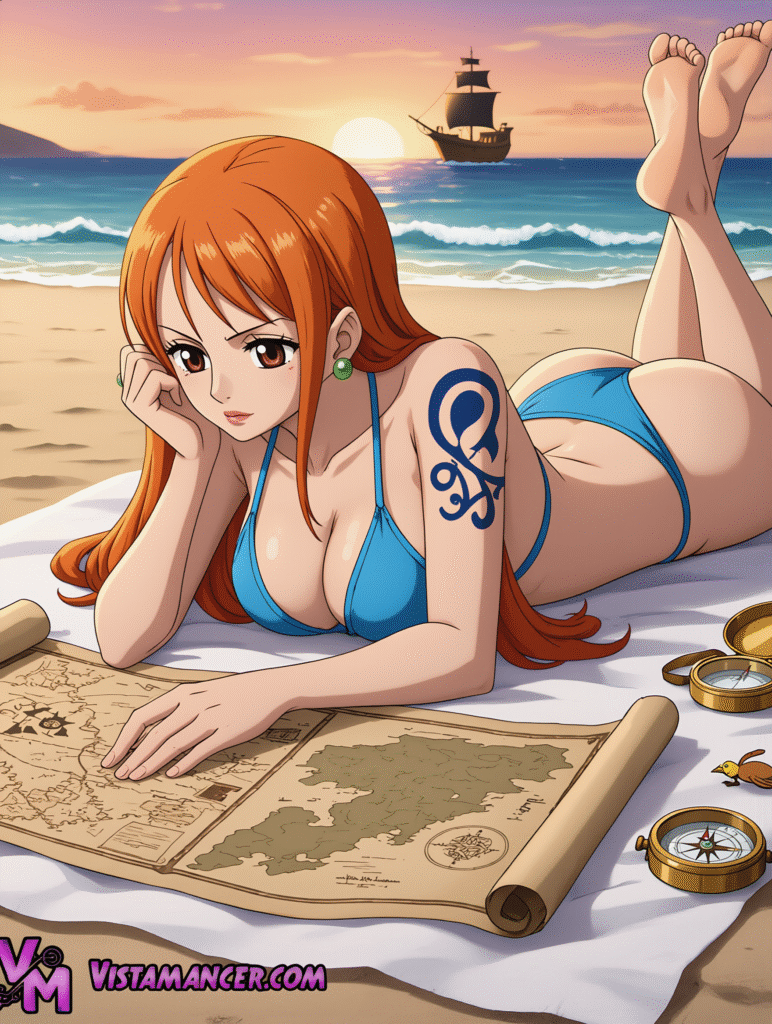 Sunset Charts on the Grand Line Shore - Vistamancer AI Art