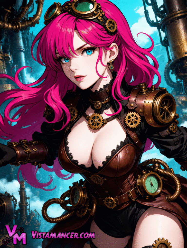 Pink Haired Steampunk Queen Rules the Gears - Vistamancer AI Art