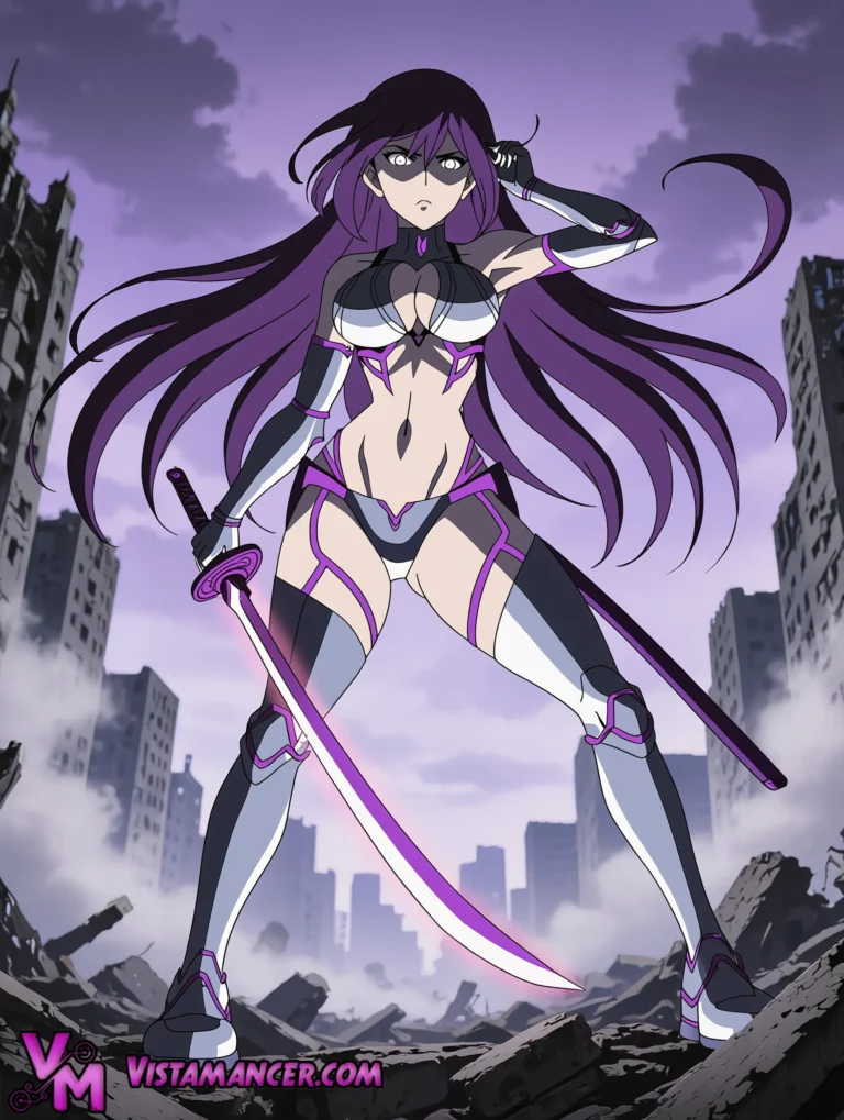 Purple Blade Amid the Ruins - Vistamancer AI Art