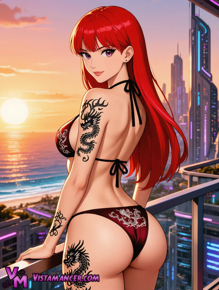Crimson Dragon at Sunset Heights - Vistamancer AI Art