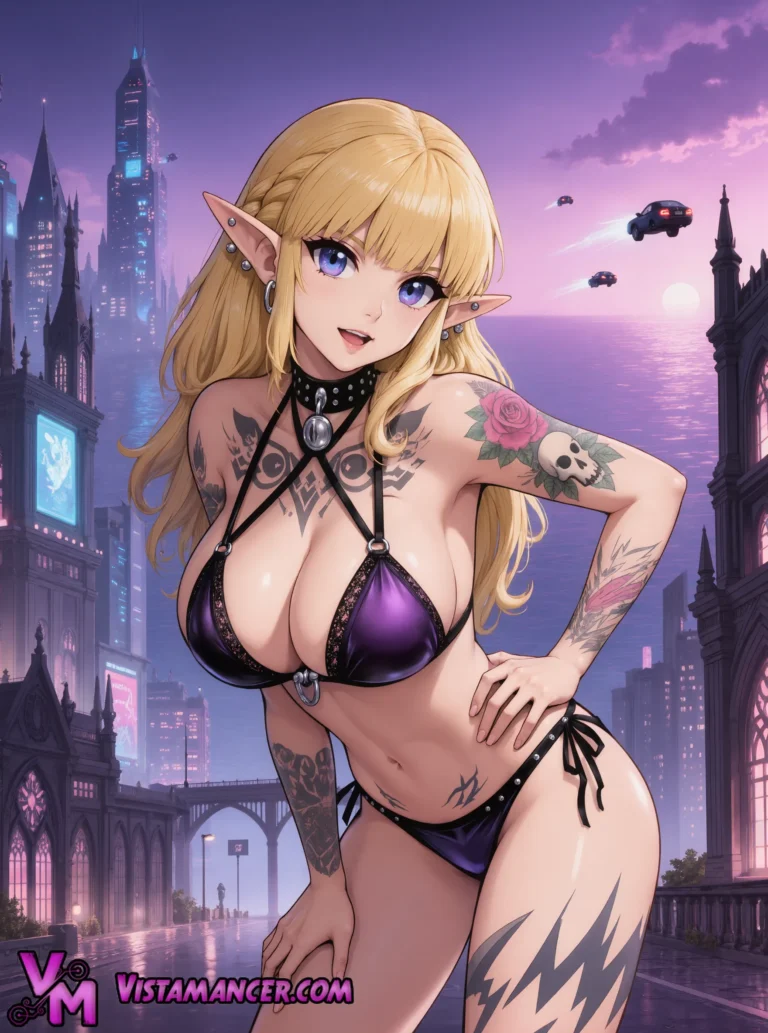 An Edgy Blonde Elf Striking a Confident Pose in a Futuristic Neon Cityscape - Vistamancer AI Art
