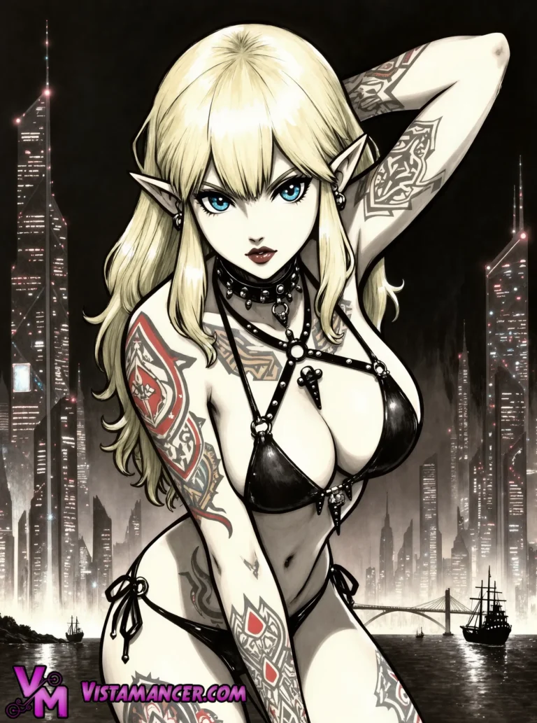 A Striking Blonde Elf Captivates the Night in a Cyberpunk Harbour City - Vistamancer AI Art