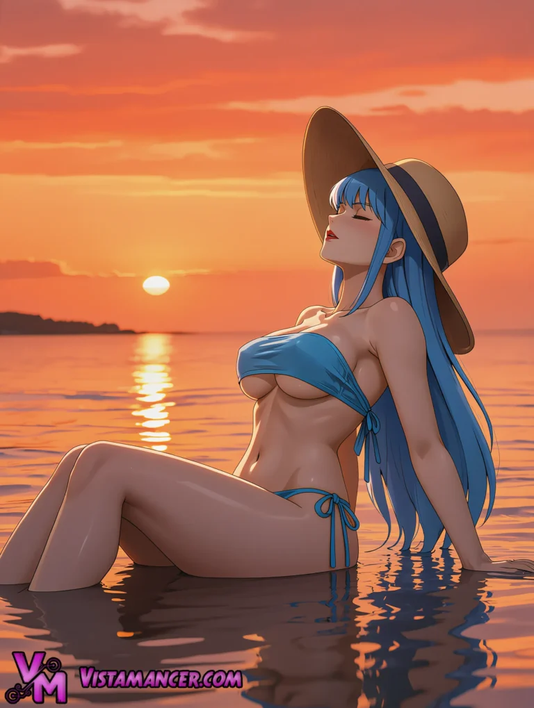 A Serene Blue Haired Anime Girl Soaks in the Golden Glow of a Tropical Beach Sunset - Vistamancer AI Art