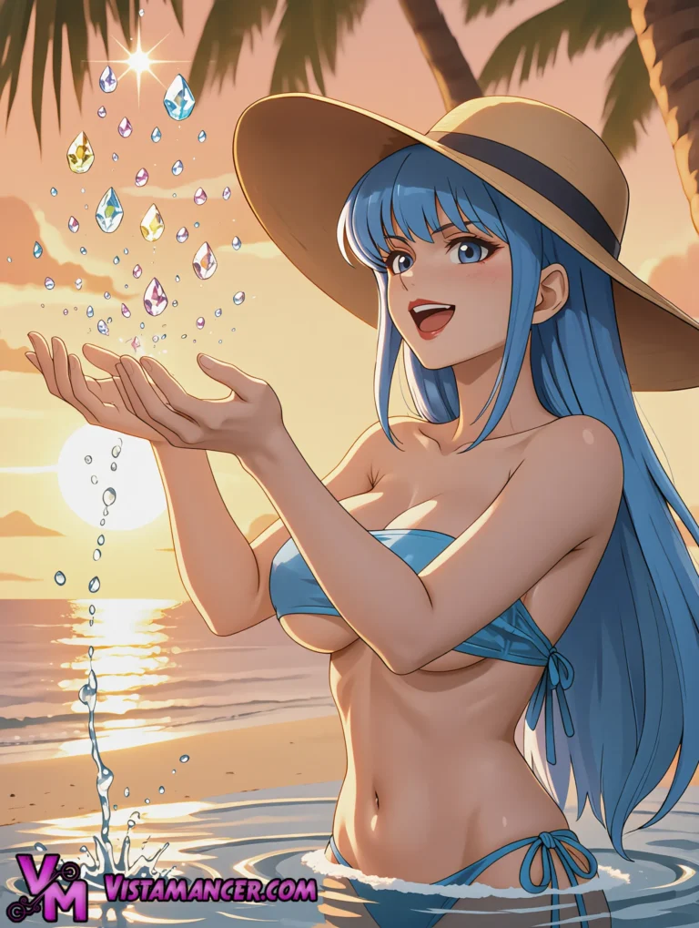 A Beautiful Blue Haired Anime Girl Creates Magical Water Crystals at Sunset - Vistamancer AI Art